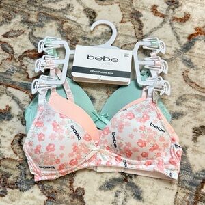Bebe Floral and Solid Bra Set - Pink, Green, White